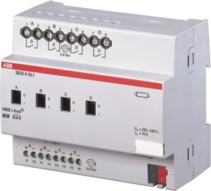 KNX Dimmer Aktoren, Vorschaltgeräte 1-10V, 4 Binärausgänge, 16A, DIN-Schienen, hellgrau, Ref. SD/S 4.16.1