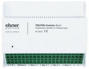 Der P04i-Verteiler ermöglicht den Betrieb von vier Steuerungen WS1, WS1000 Color oder (KNX) WS1000 Style mit einer Wetterstation P04i-GPS. Die Wetterdaten werden allen angeschlossenen Steuerungen zur Verfügung gestellt
