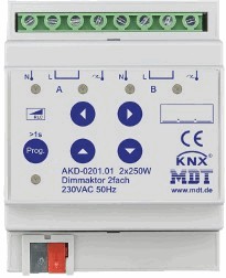 KNX Dimmer Aktoren, Universell, 2 Binärausgänge, 230VAC, 250W, DIN-Schienen, serie STANDARD, Ref. AKD-0201.01