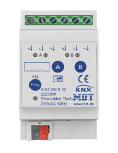 KNX Dimmer Aktoren, Universell, 2 Binärausgänge, 230VAC, 1A - 1.9A, 250W, Wirkleistung, DIN-Schienen, serie STANDARD, Ref. AKD-0201.02