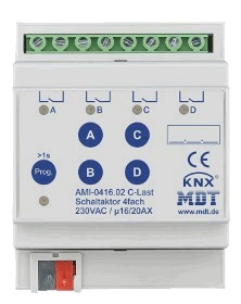 KNX Konmutation Aktoren, 4 Binärausgänge , 230VAC, 16A / 20A, 200µF C-Last, Strommessung, DIN-Schienen, Ref. AMI-0416.02