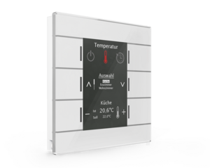 KNX Tastsensoren 6 Wippen, Mit Thermostat, mit Temperatur sensor, Mit Display und Mit Status-LED, serie GLASS SMART, glass white, Ref. BE-GBZW.01