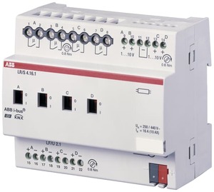 KNX Dimmer Aktoren, Vorschaltgeräte 1-10V / Vorschaltgeräte 0-10V, 4 Binärausgänge, 16A, DIN-Schienen, hellgrau, Ref. LR/S 4.16.1