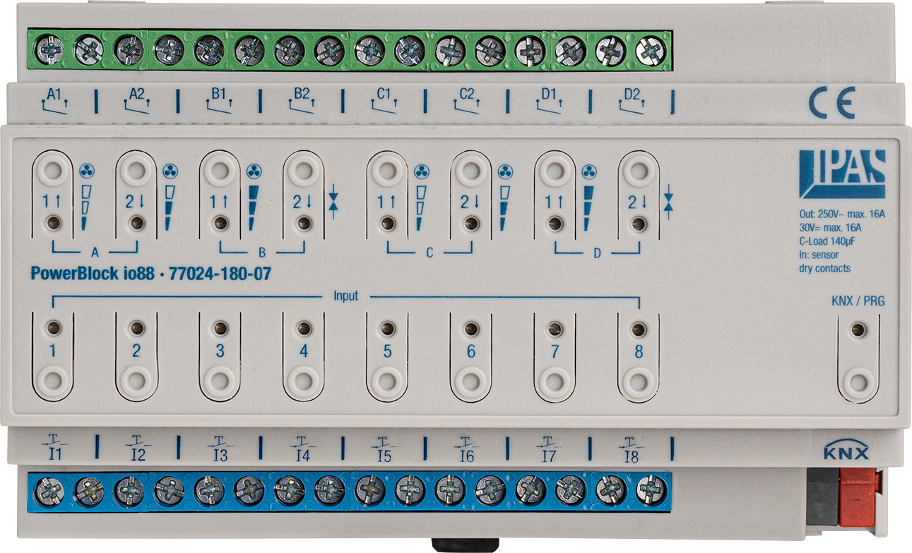 KNX MULTIFUNCTION ACTUATOR, PowerBlock io88 Multi. 8 OUTPUTS 16A, 140UF (8 ON/OFF OR 4 BLINDS OR 2 FANCOIL) / 8 BINARY OR ANALOGUE INPUTS, 8U DIN RAIL, Ref. 77024-180-07