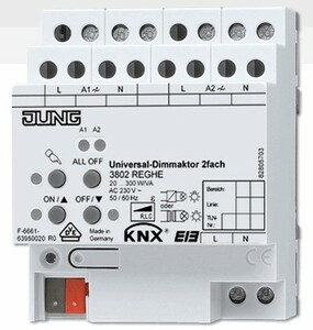 KNX Dimmer Aktoren, Universell / 230V LED Optimiert, 2 Binärausgänge, 300W, Ref. 3902 REGHE