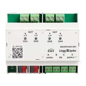 KNX Secure Binär Ein-Ausgang 4-fach, Kontaktabfrage, Handbedienung, 6 TE; Schaltleistung 16A 250 VAC, C-Last 200µF, Ref. 79243SEC