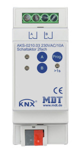 KNX Konmutation Aktoren, 2 Binärausgänge , 230VAC, 10A, 140µF C-Last, DIN-Schienen, Ref. AKS-0210.03