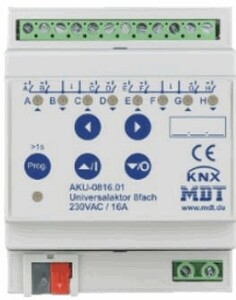 KNX multifunktional Aktoren, Heizen / Jalousie / Konmutation, 8 Binärausgänge / 4 Jal Kanäle, 230VAC, 16A, DIN-Schienen, Ref. AKU-0816.02