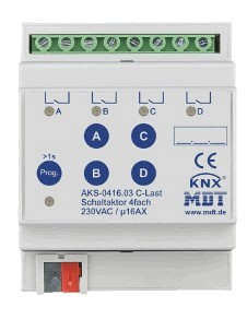 KNX Konmutation Aktoren, 4 Binärausgänge , 230VAC, 16A, 140µF C-Last, Strommessung, DIN-Schienen, Ref. AMS-0416.02