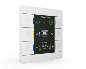 KNX Tastsensoren 6 Wippen, Mit Thermostat, mit Temperatur sensor, Mit Display und Mit Status-LED, serie SMART 86, white glossy , Ref. BE-BZS86.01