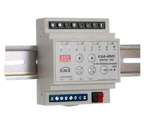 KNX Dimmer Aktoren, Vorschaltgeräte 1-10V / Vorschaltgeräte 0-10V, 4 Binärausgänge, 10A, >200µF C-Last, DIN-Schienen, Ref. KAA-4R4V-10